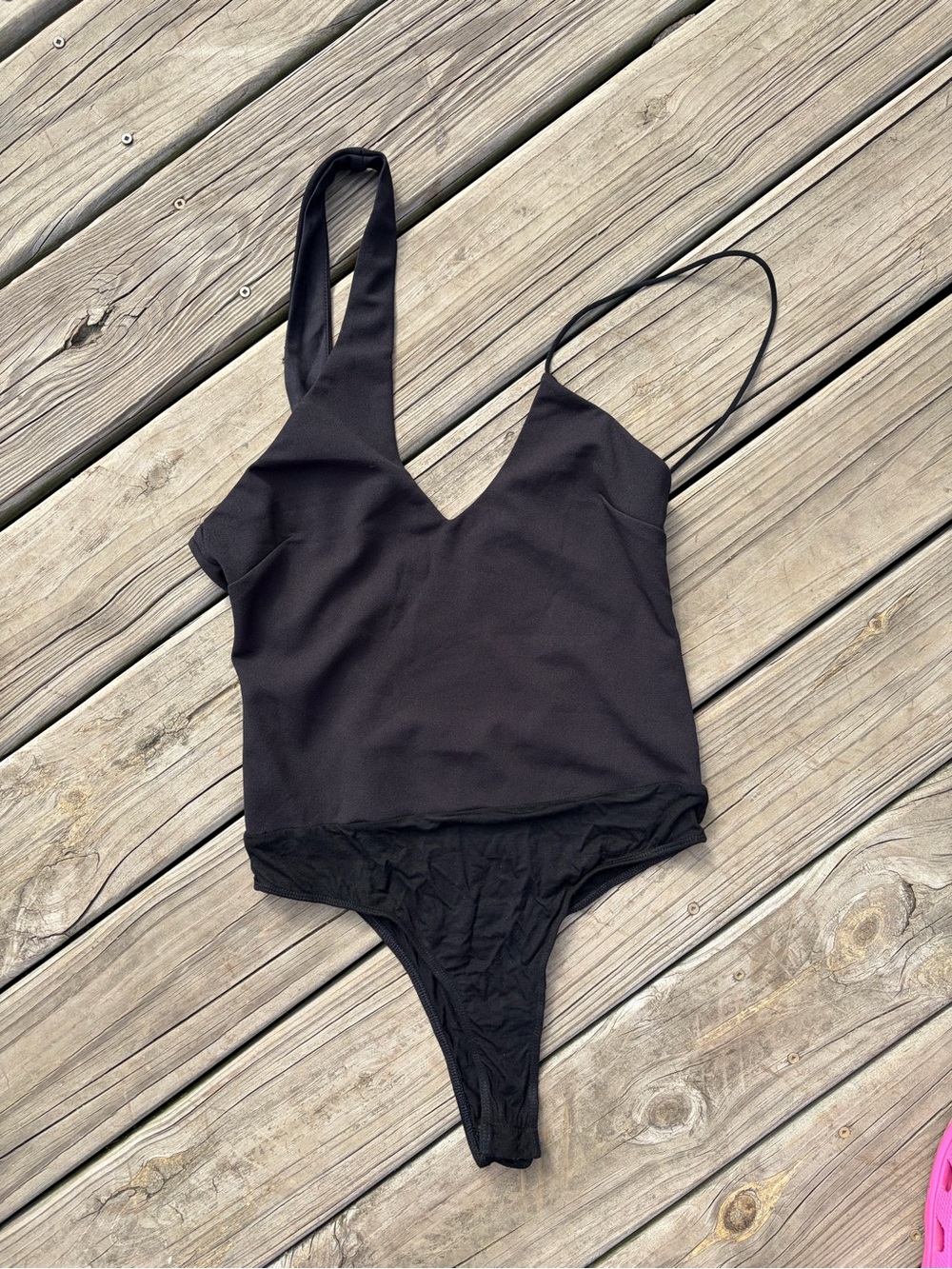 Lulu's Black V-Neck Bodysuit with Thin Straps